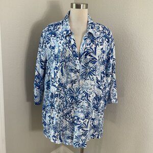 Cynthia Rowley Womens Plus 2X Blue White Floral 100% Linen Button Up Shirt